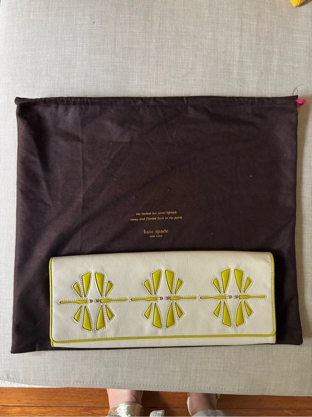 VINTAGE KATE SPADE BRYNDIS DRAGONFLY WHITE LEATHER CLUTCH Collectors Item
